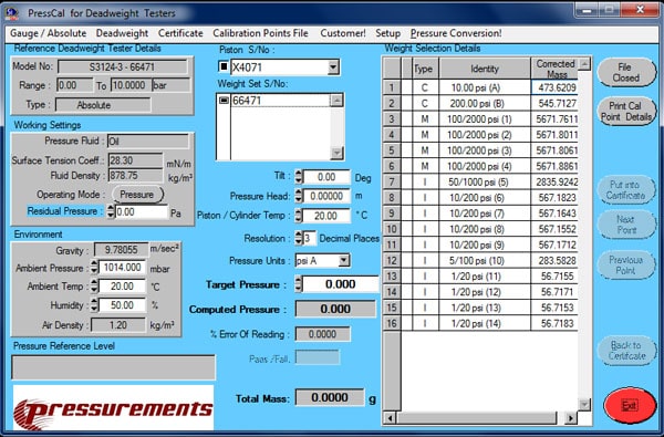 Fluke PressCal Pressure Calibration Software Screen Shot